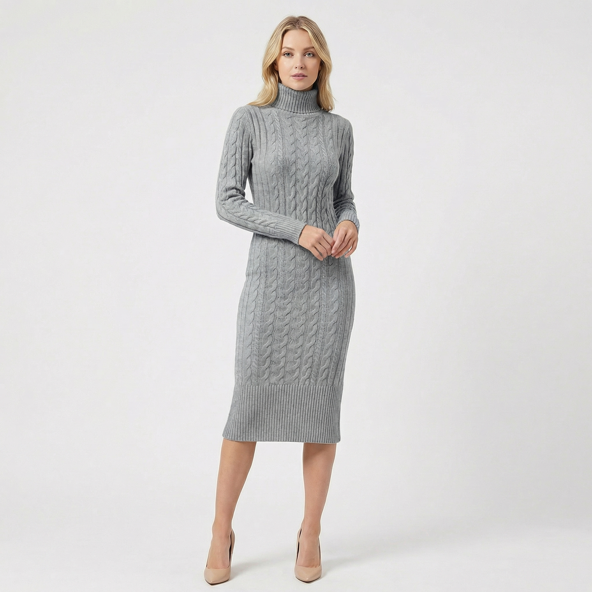 Abito maglione midi dolcevita da donna in maglia a trecce con orlo a costine