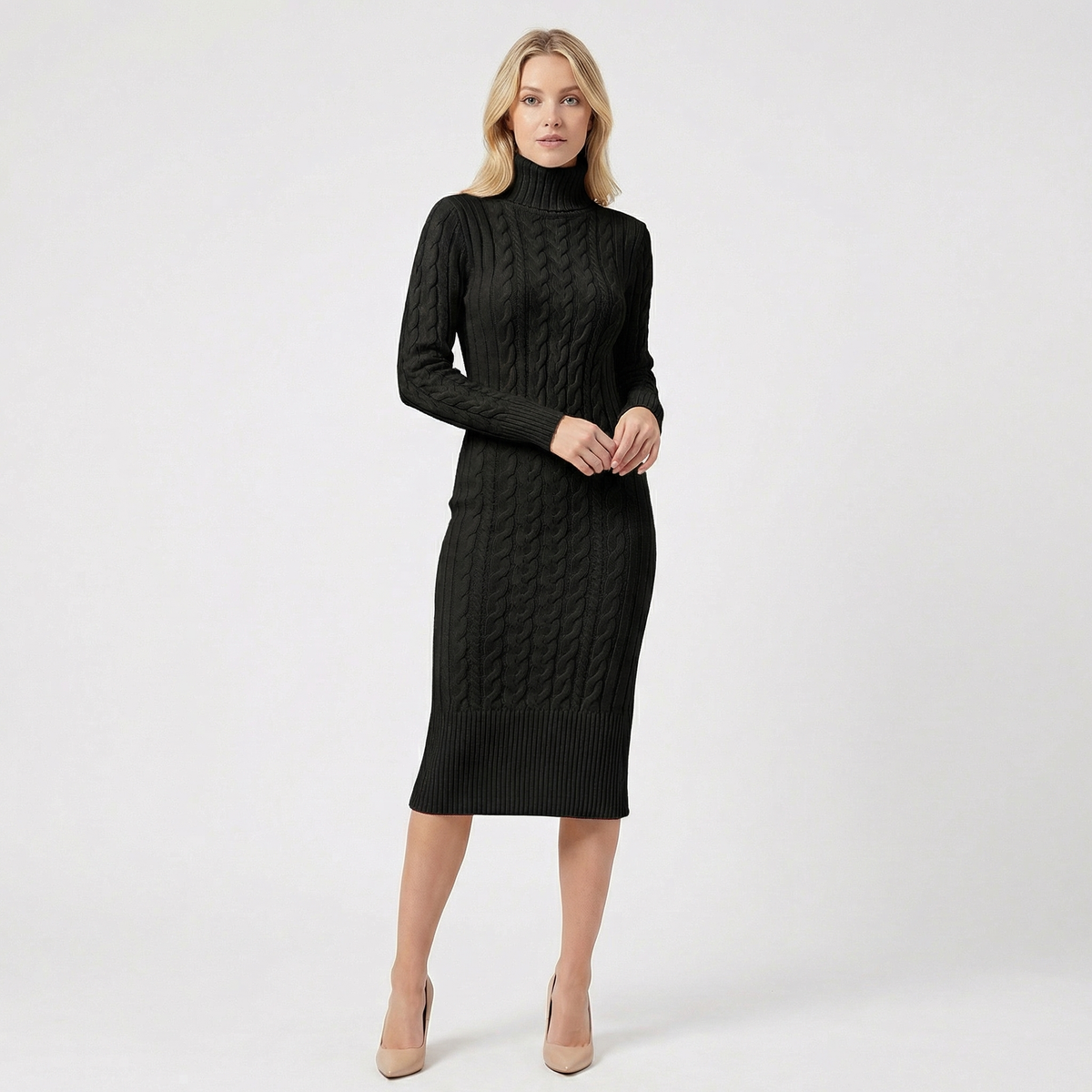 Abito maglione midi dolcevita da donna in maglia a trecce con orlo a costine