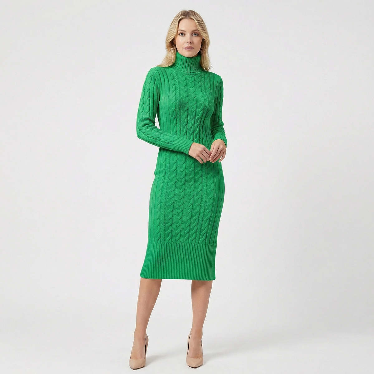 Abito maglione midi dolcevita da donna in maglia a trecce con orlo a costine