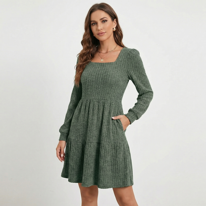 Women's Ribbed Knit Square Neck Tiered Mini Sweater Winter Dress