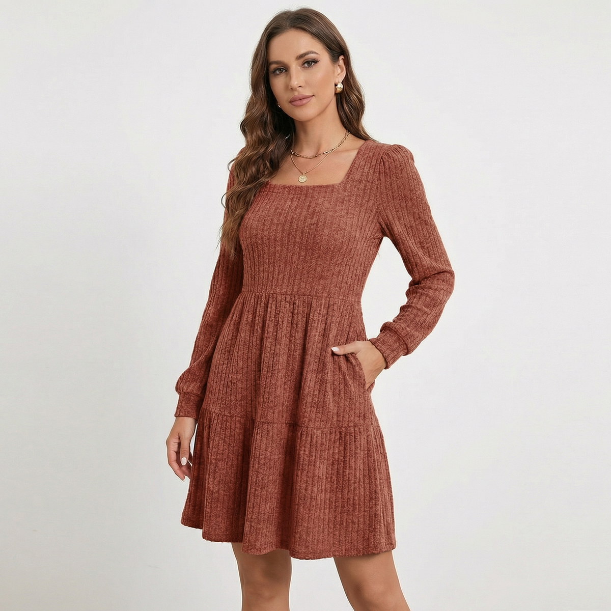 Women's Ribbed Knit Square Neck Tiered Mini Sweater Winter Dress
