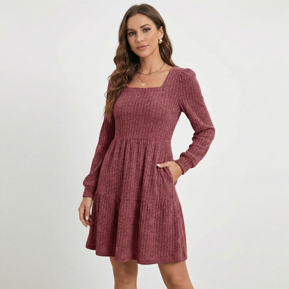 Women's Ribbed Knit Square Neck Tiered Mini Sweater Winter Dress