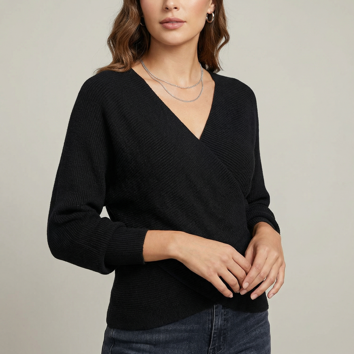 Women's V-Neck Crossover Knit Pullover Winter Sweater
