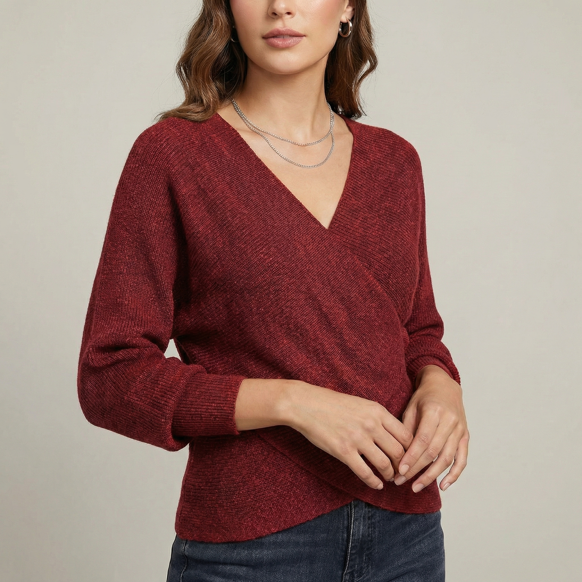 Women's V-Neck Crossover Knit Pullover Winter Sweater