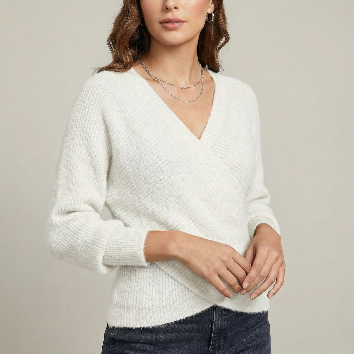 Women's V-Neck Crossover Knit Pullover Winter Sweater