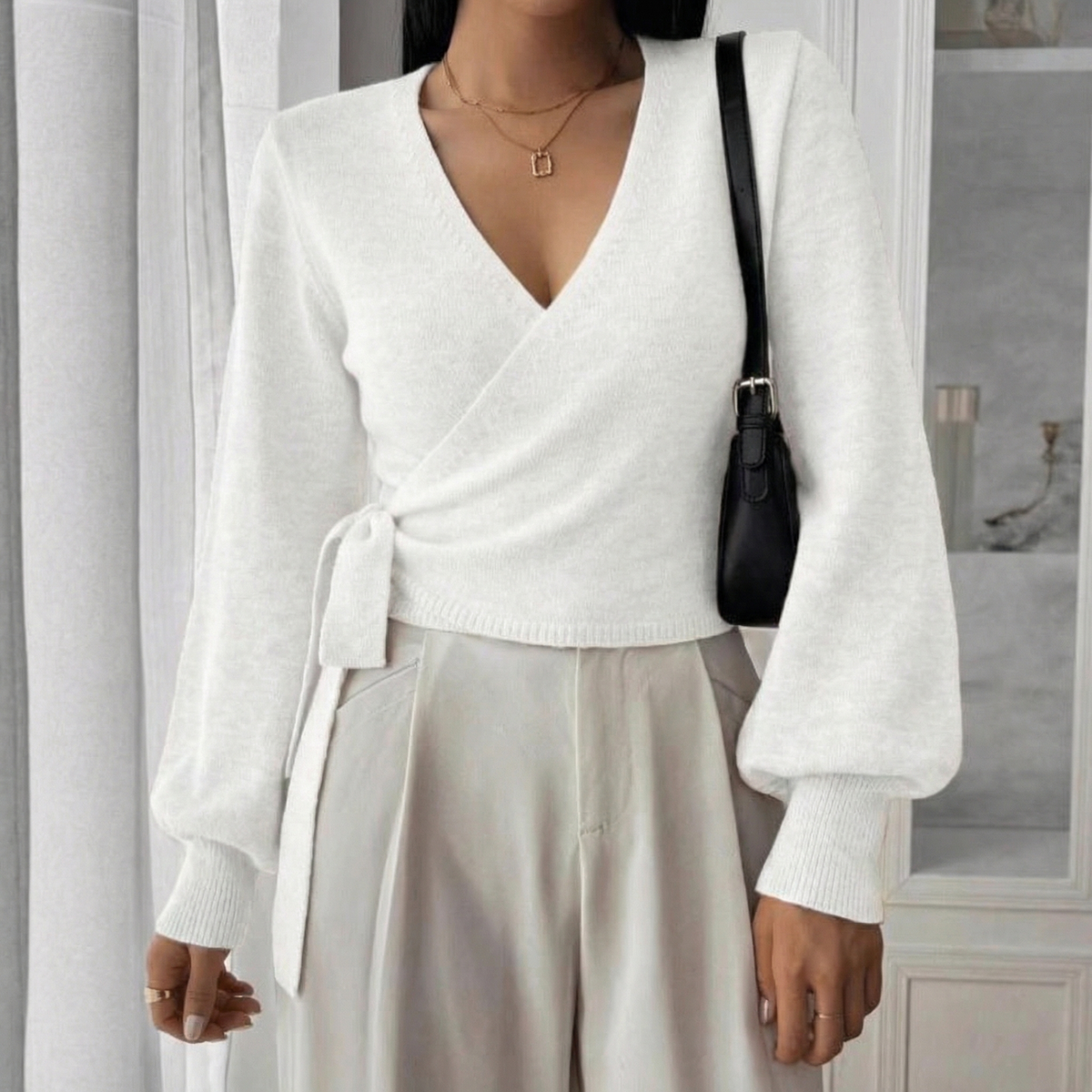 Women's V-Neck Long-Sleeve Knit Layer Winter Top