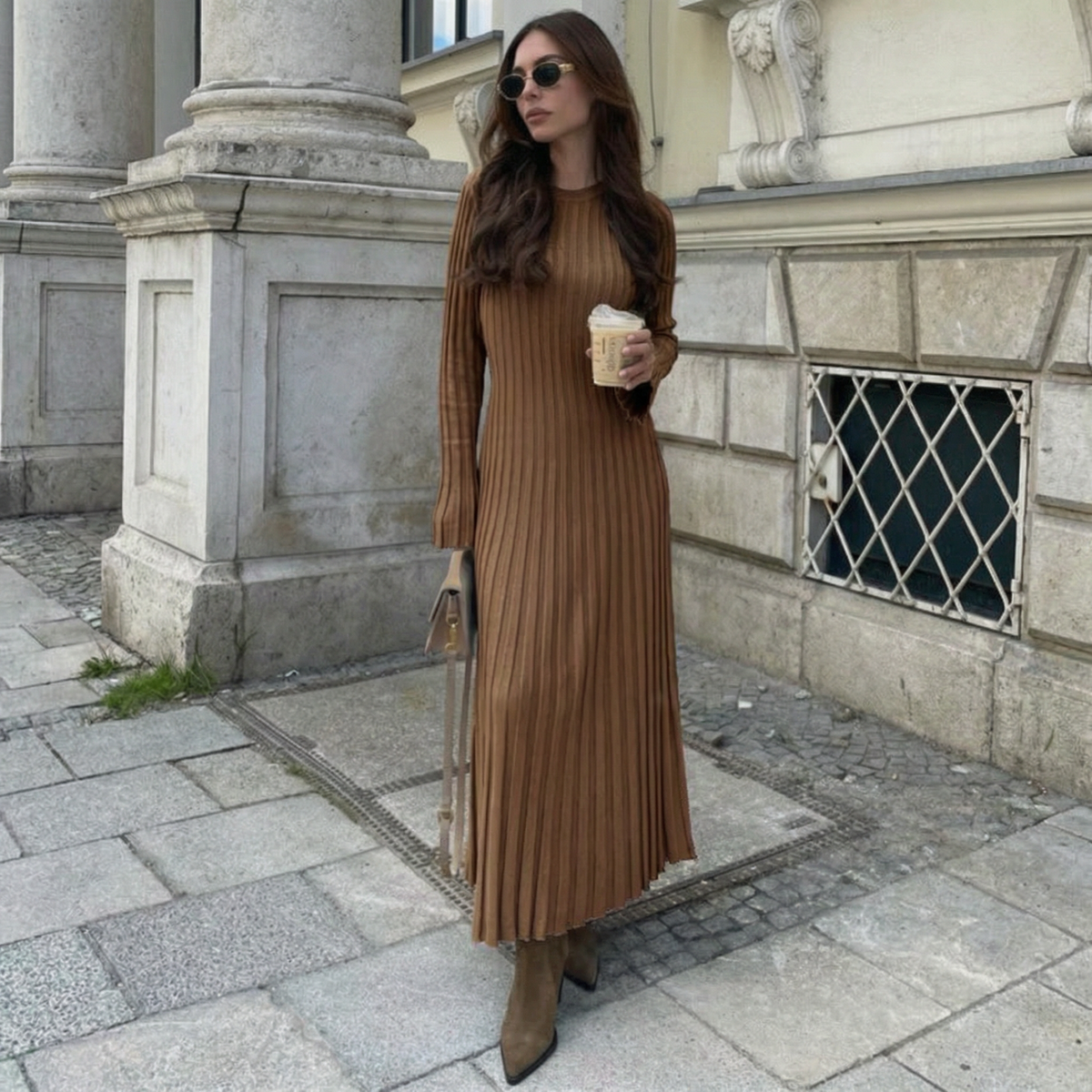 Vestito lungo a maglia a maniche lunghe da donna a girocollo slim fit