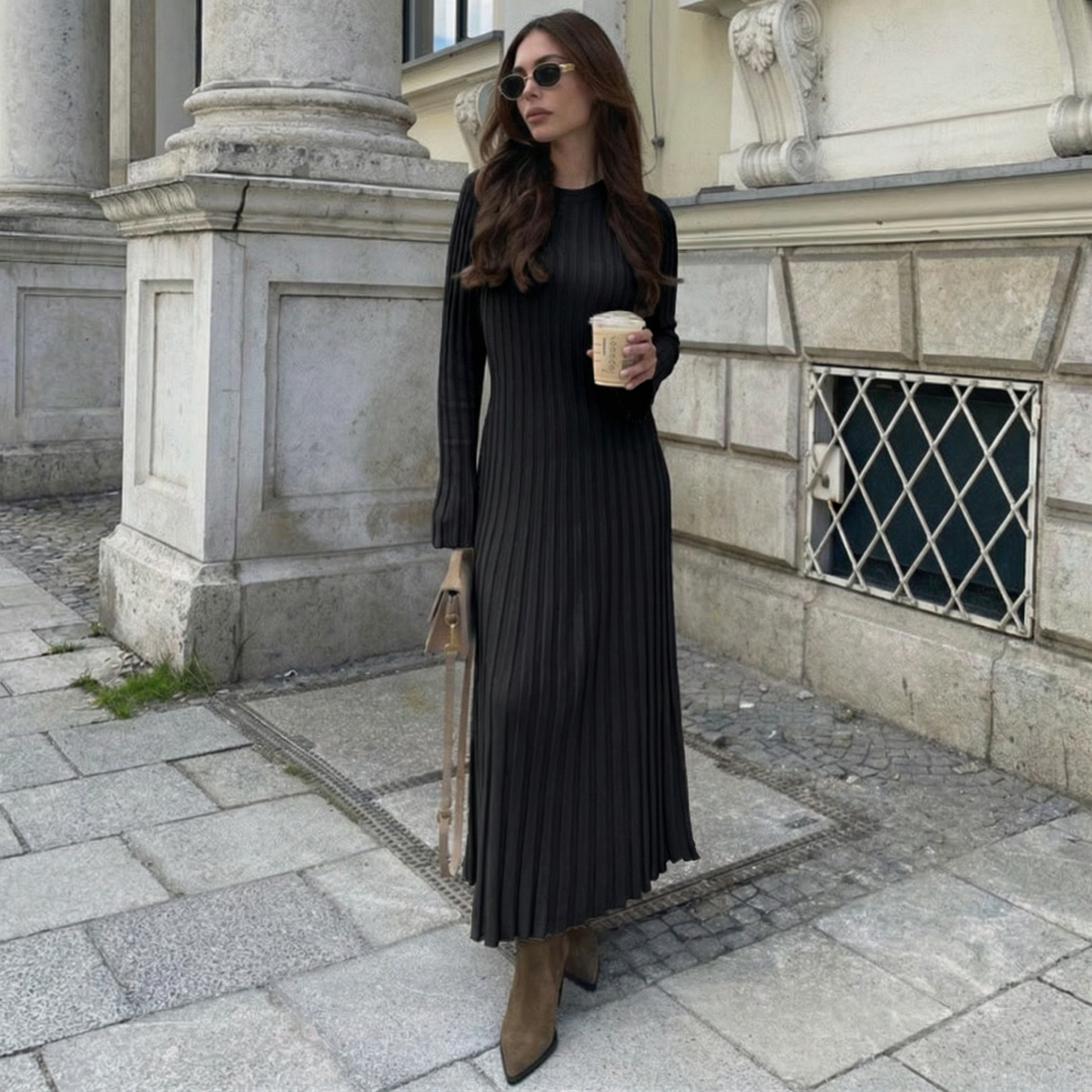 Vestito lungo a maglia a maniche lunghe da donna a girocollo slim fit