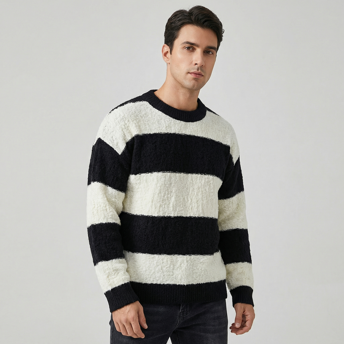 Maglione casual da uomo a righe con scollo a giro e contrasto