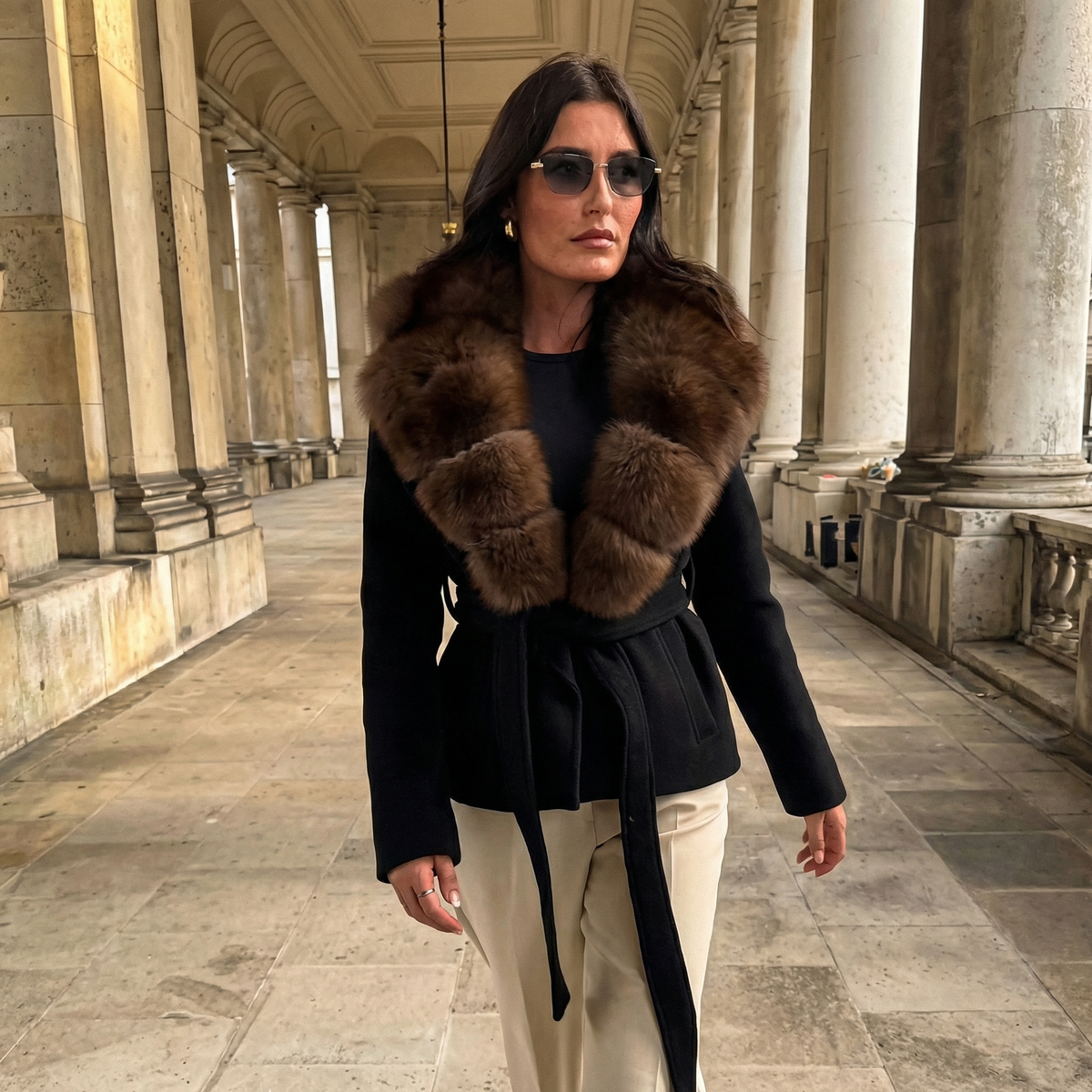 Women's Wool Blend Faux-Fur Collar Elegant Wrap Winter Coat