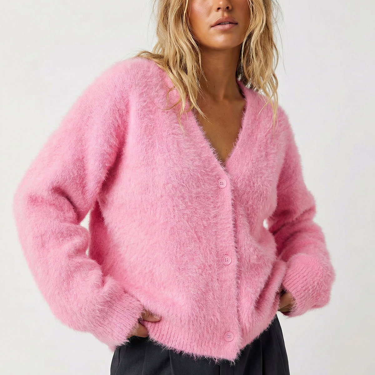 Women's Oversized Fuzzy Mohair V-Neck Button-Down Knit Winter Cardigan