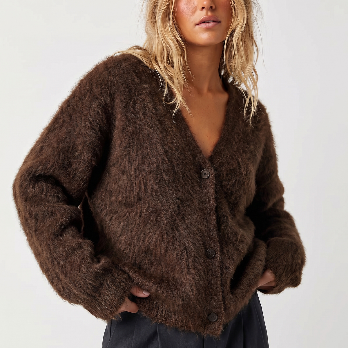 Women's Oversized Fuzzy Mohair V-Neck Button-Down Knit Winter Cardigan