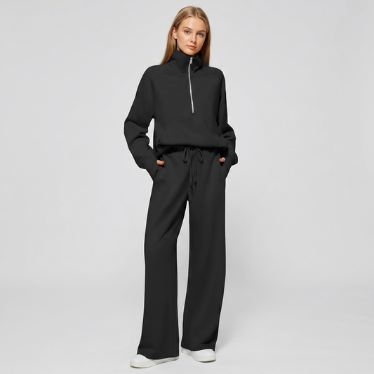 Completo coordinato felpa con mezza zip e pantaloni a gamba larga da donna