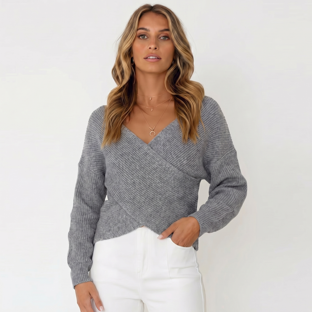 Women's V-Neck Slim-Fit Knit Pullover Winter Sweater