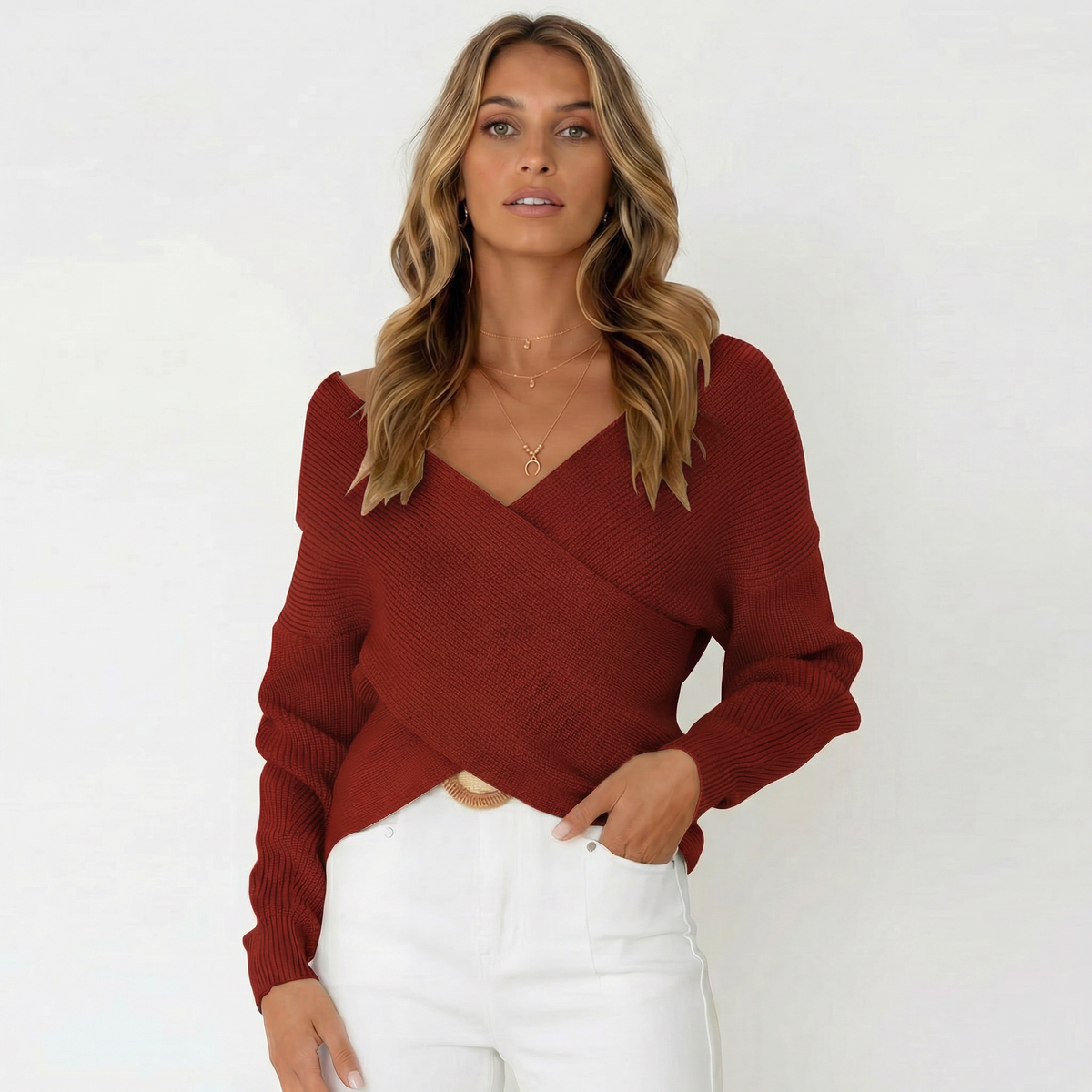 Women's V-Neck Slim-Fit Knit Pullover Winter Sweater