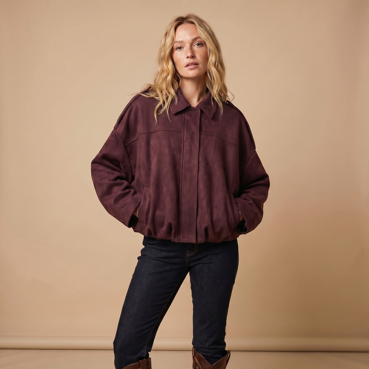Women's Oversized Faux Suede Zip-Up Moto Bomber Autumn Jacket