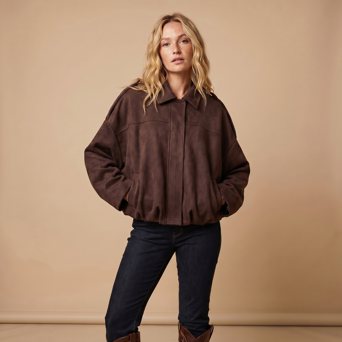 Women's Oversized Faux Suede Zip-Up Moto Bomber Autumn Jacket