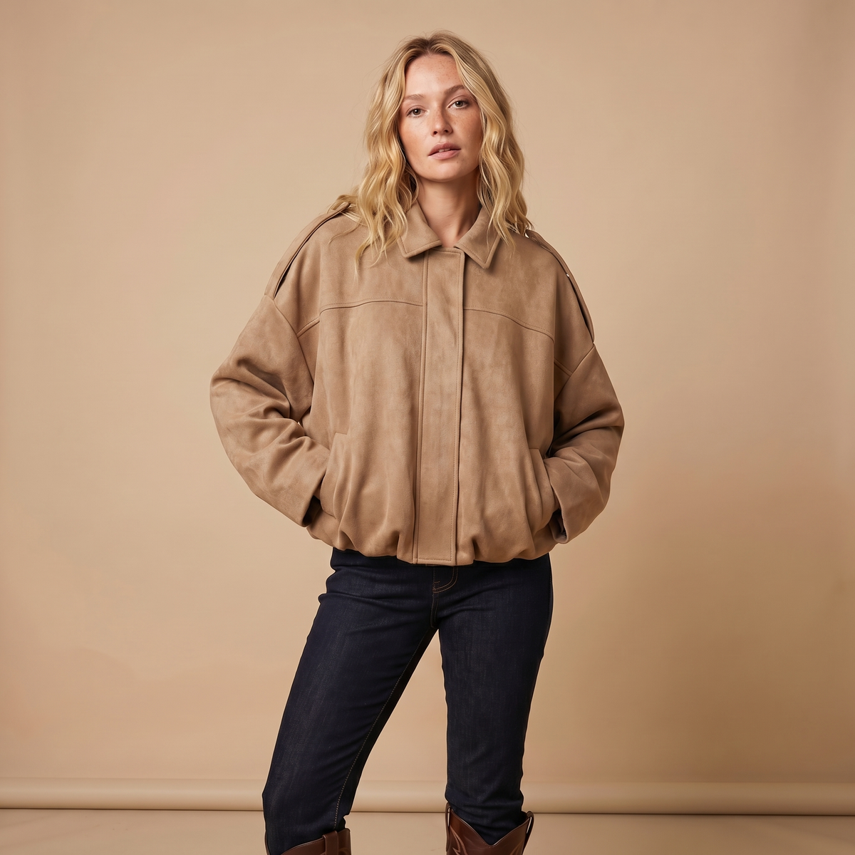 Women's Oversized Faux Suede Zip-Up Moto Bomber Autumn Jacket