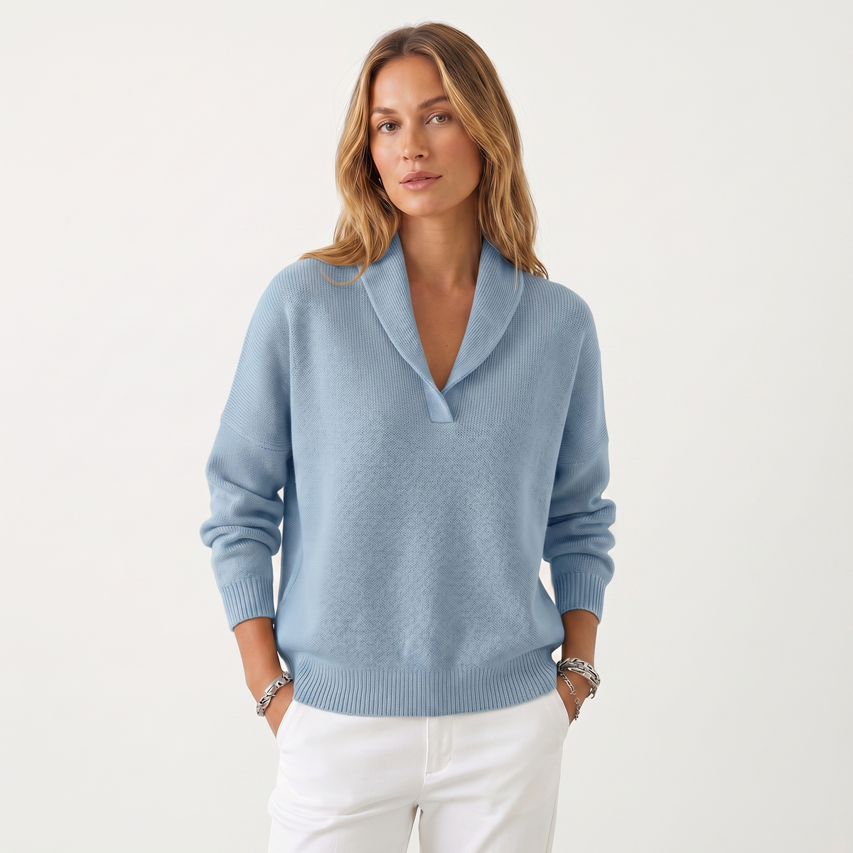Women's V-Neck Knit Winter Sweater Soft Relaxed-Fit Pullover Knitwear