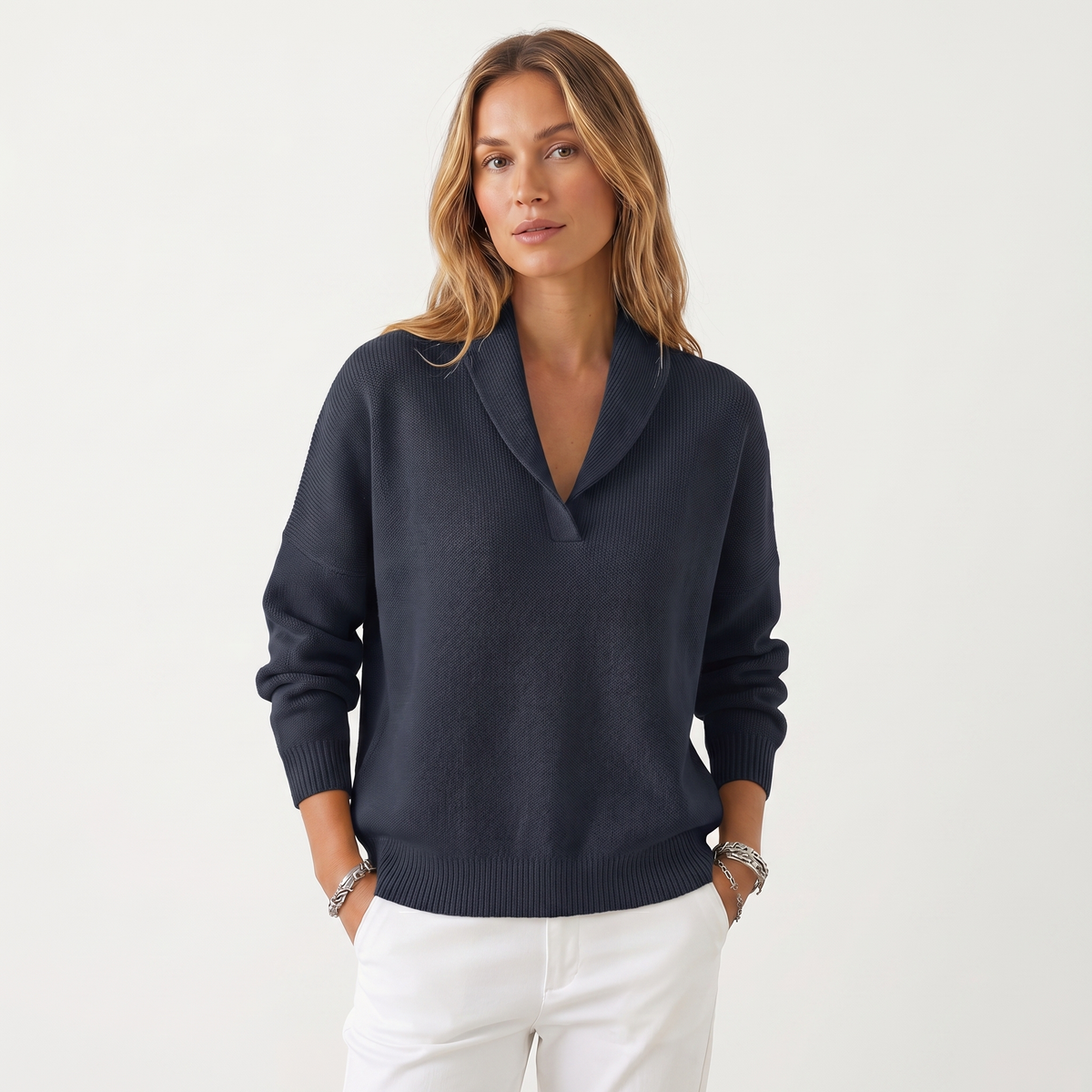 Women's V-Neck Knit Winter Sweater Soft Relaxed-Fit Pullover Knitwear