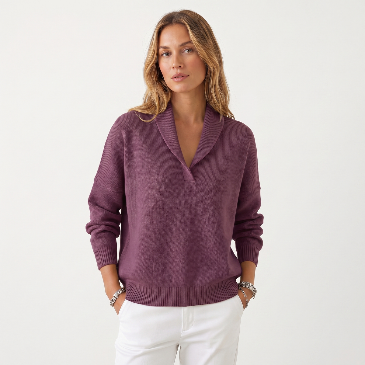 Women's V-Neck Knit Winter Sweater Soft Relaxed-Fit Pullover Knitwear
