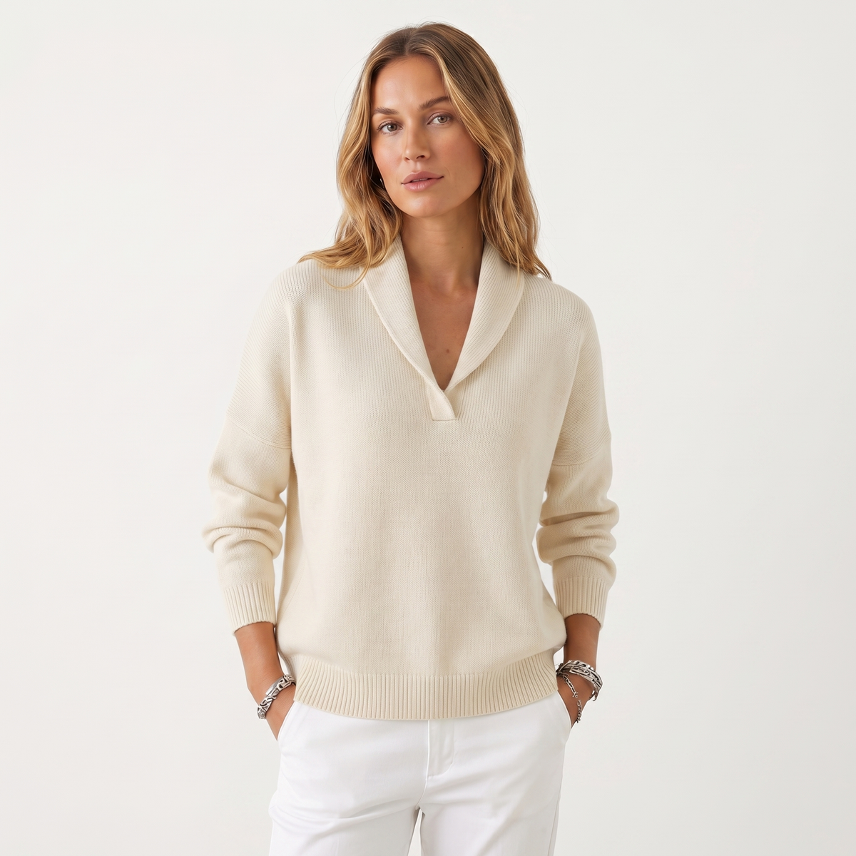 Women's V-Neck Knit Winter Sweater Soft Relaxed-Fit Pullover Knitwear