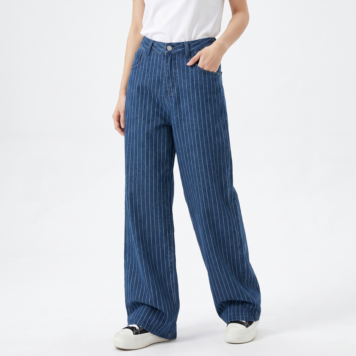 Jeans da donna vintage a righe a vita alta ampi a gamba larga in denim