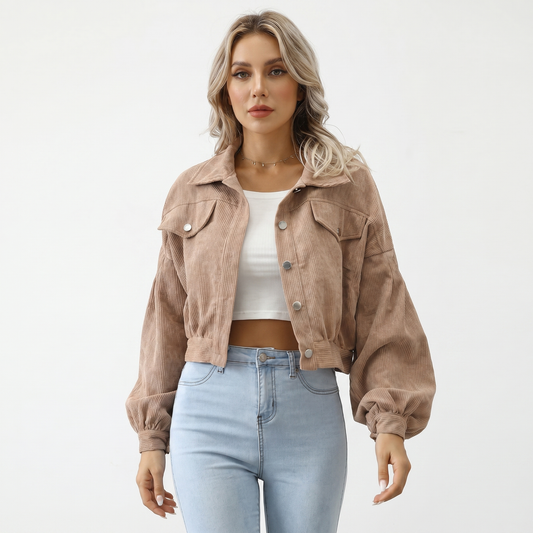 Giacca da donna oversize crop in velluto a coste con maniche a sbuffo e bottoni