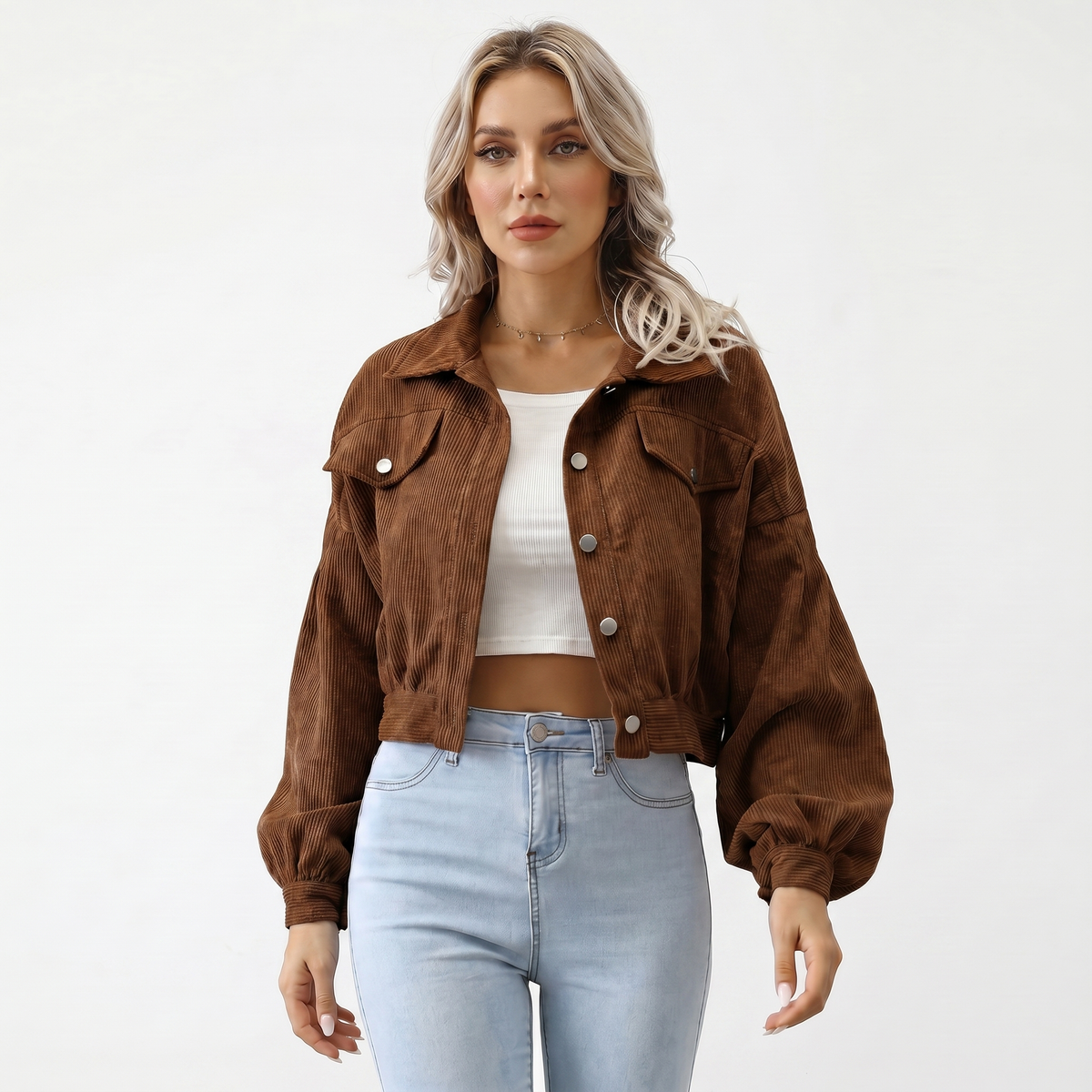 Women's Oversized Cropped Corduroy Puff-Sleeve Button Autumn Jacket