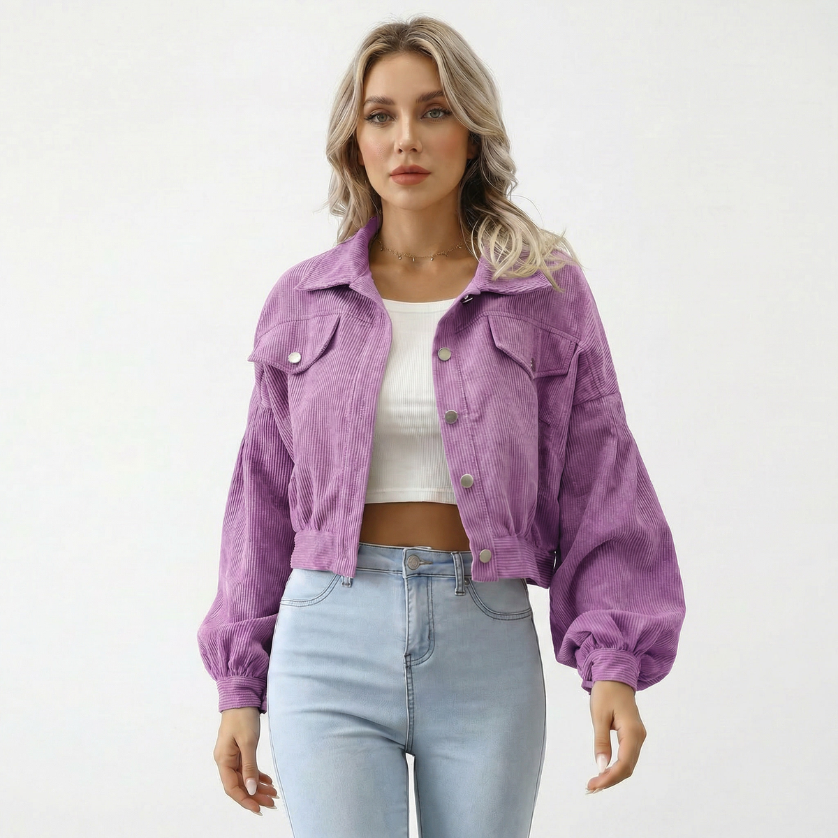 Women's Oversized Cropped Corduroy Puff-Sleeve Button Autumn Jacket