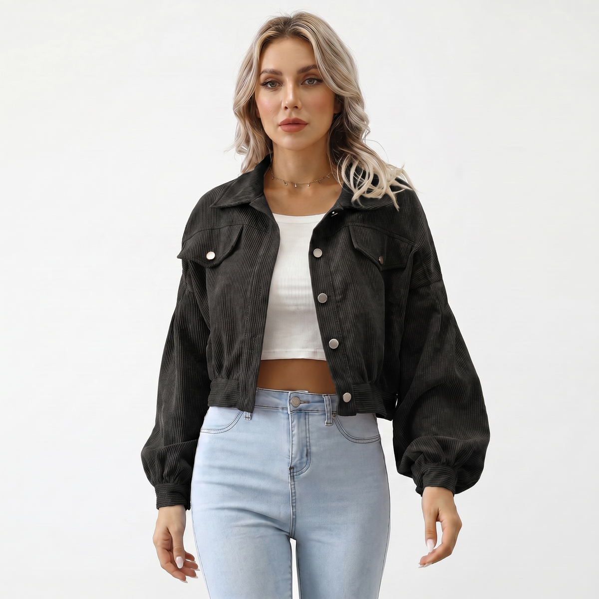 Women's Oversized Cropped Corduroy Puff-Sleeve Button Autumn Jacket