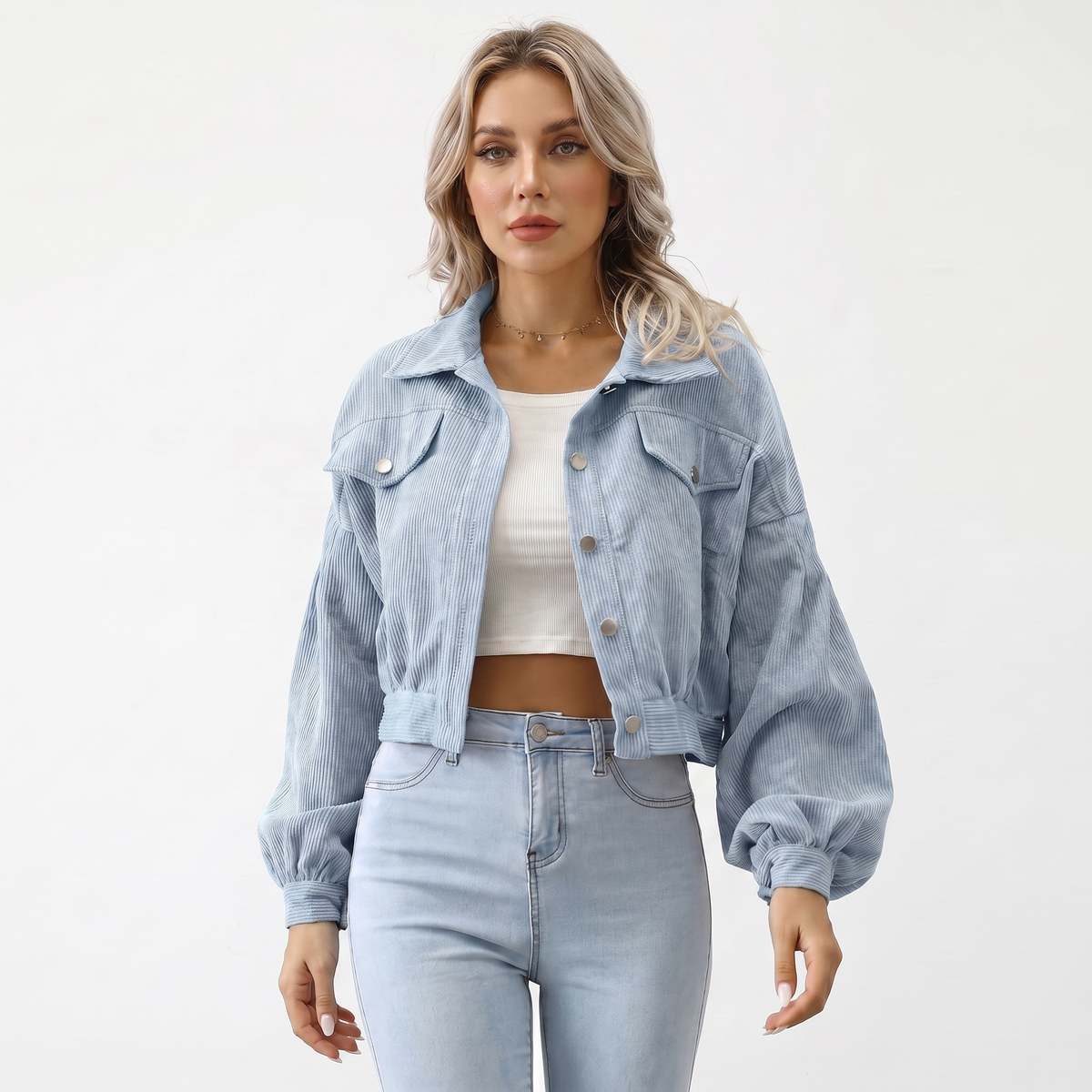 Women's Oversized Cropped Corduroy Puff-Sleeve Button Autumn Jacket