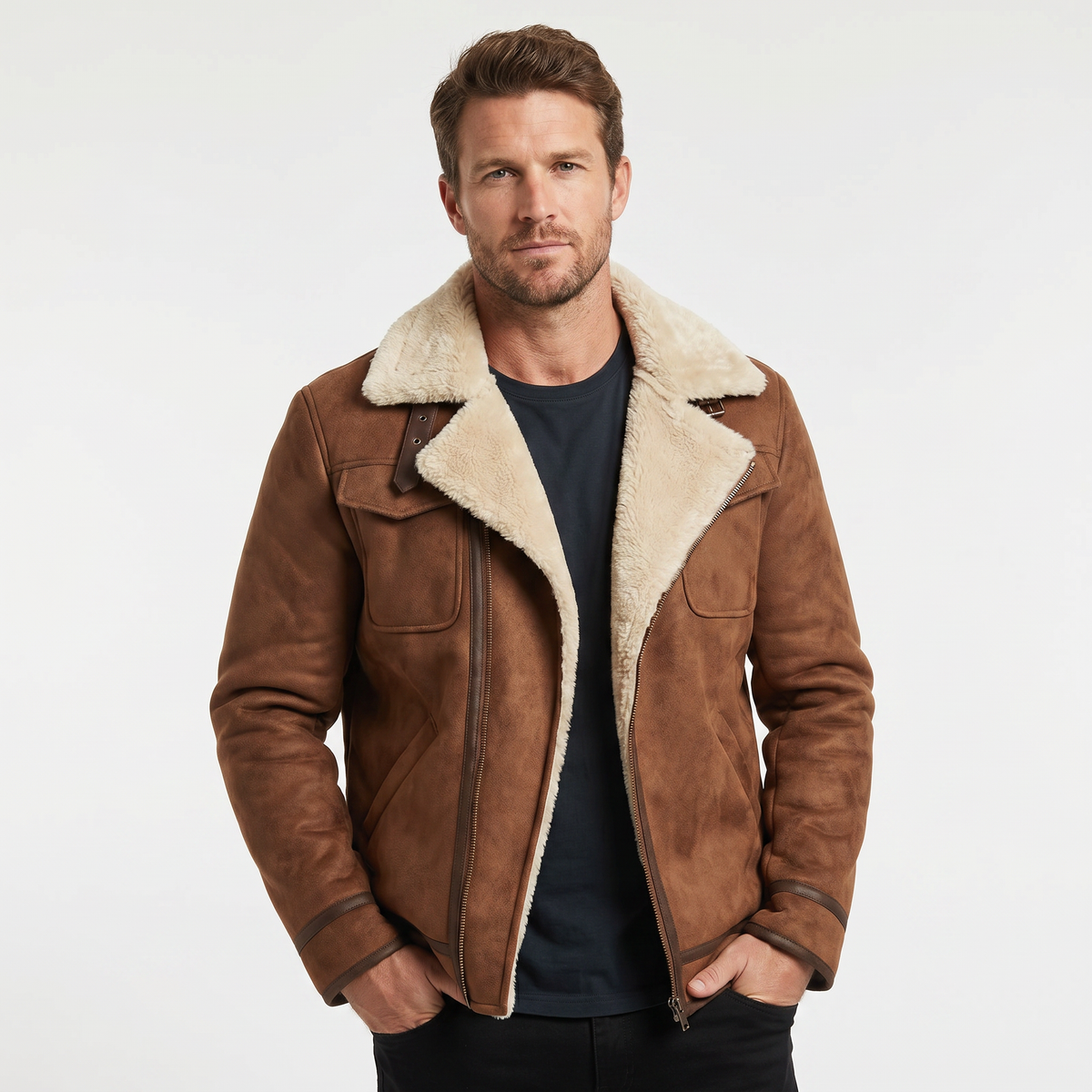 Men's Vintage Brown Suede Shearling Winter Jacket
