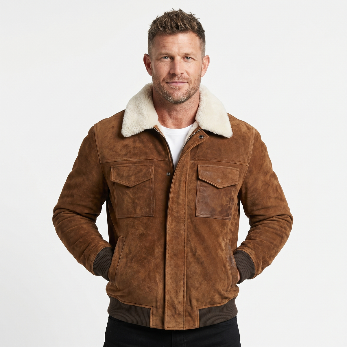 Men's Suede Leather Sherpa Collar Winter Bomber Autumn Jacket