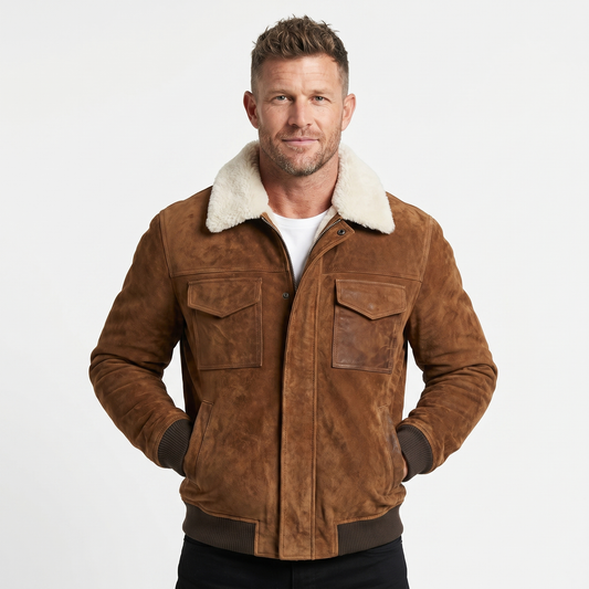 Men's Suede Leather Sherpa Collar Winter Bomber Autumn Jacket