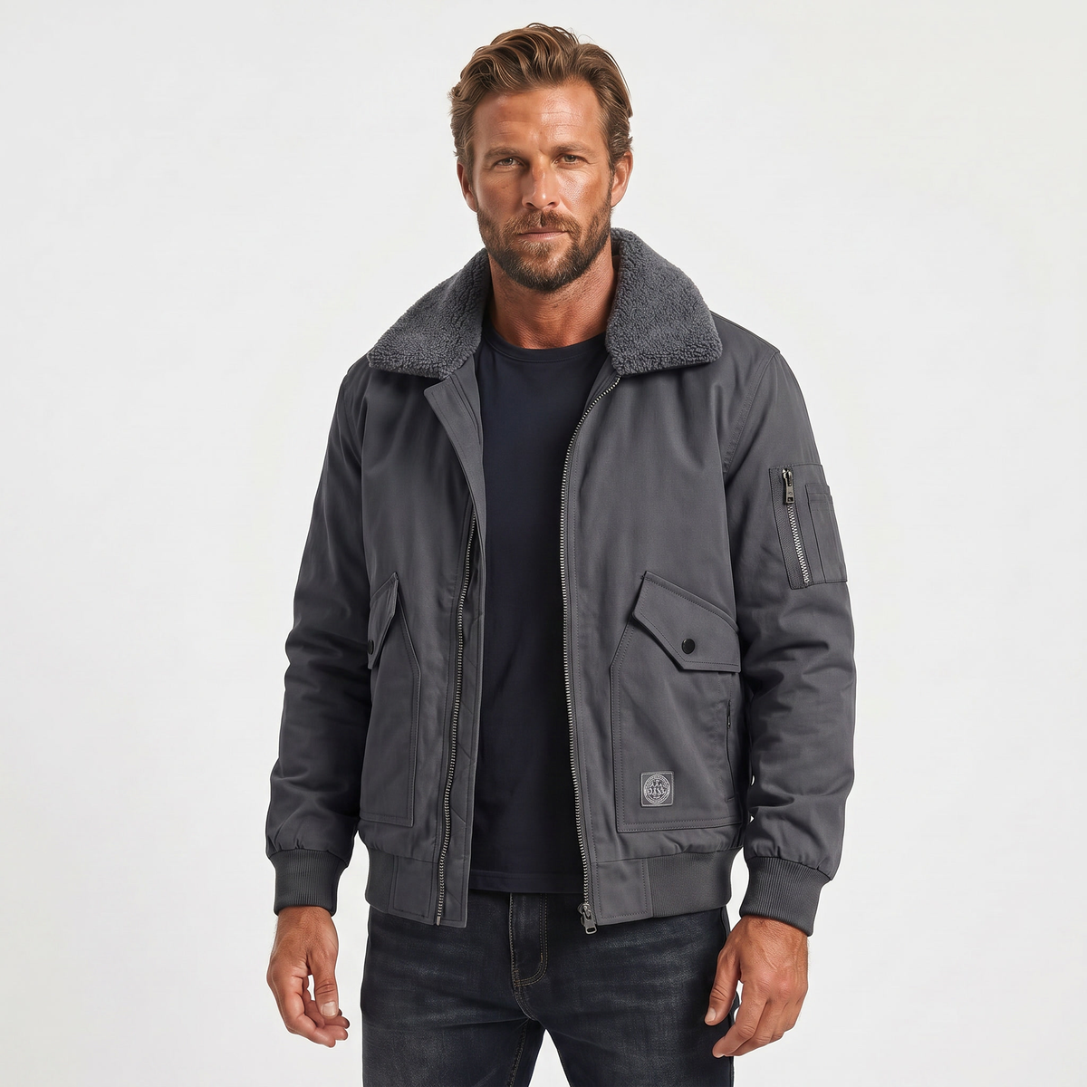 Men's Sherpa Lined Windproof Bomber Autumn Jacket