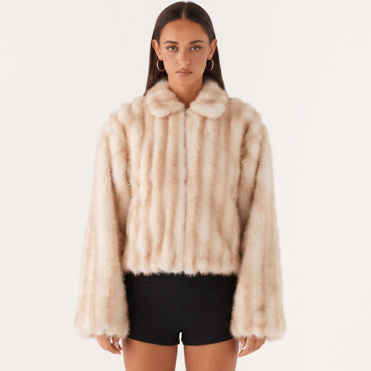 Women's Ribbed Full-Zip Cropped Plush Faux-Fur Bomber Autumn Jacket