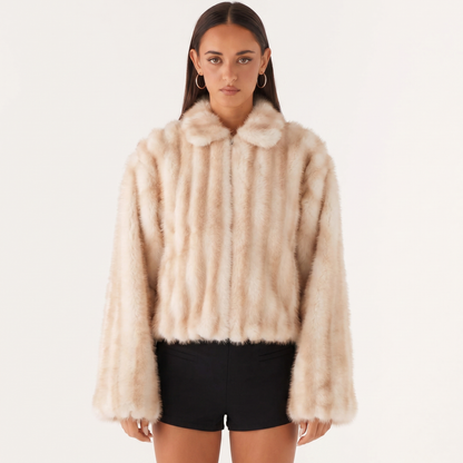 Women's Ribbed Full-Zip Cropped Plush Faux-Fur Bomber Autumn Jacket