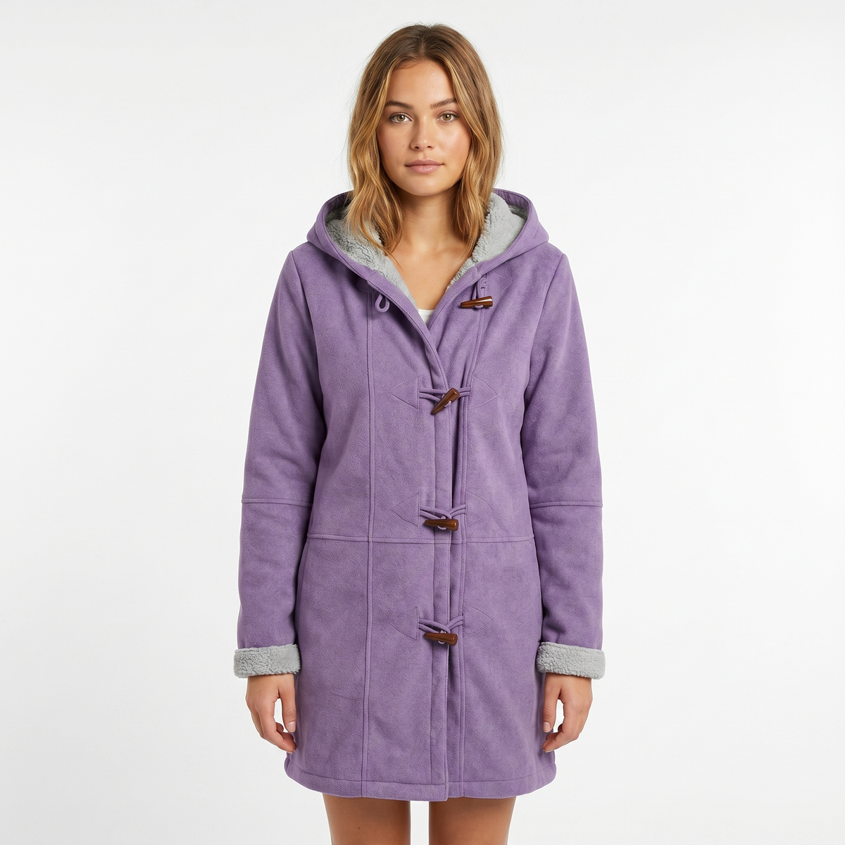Women's Shearling Winter Coat Suede Hooded Toggle Front