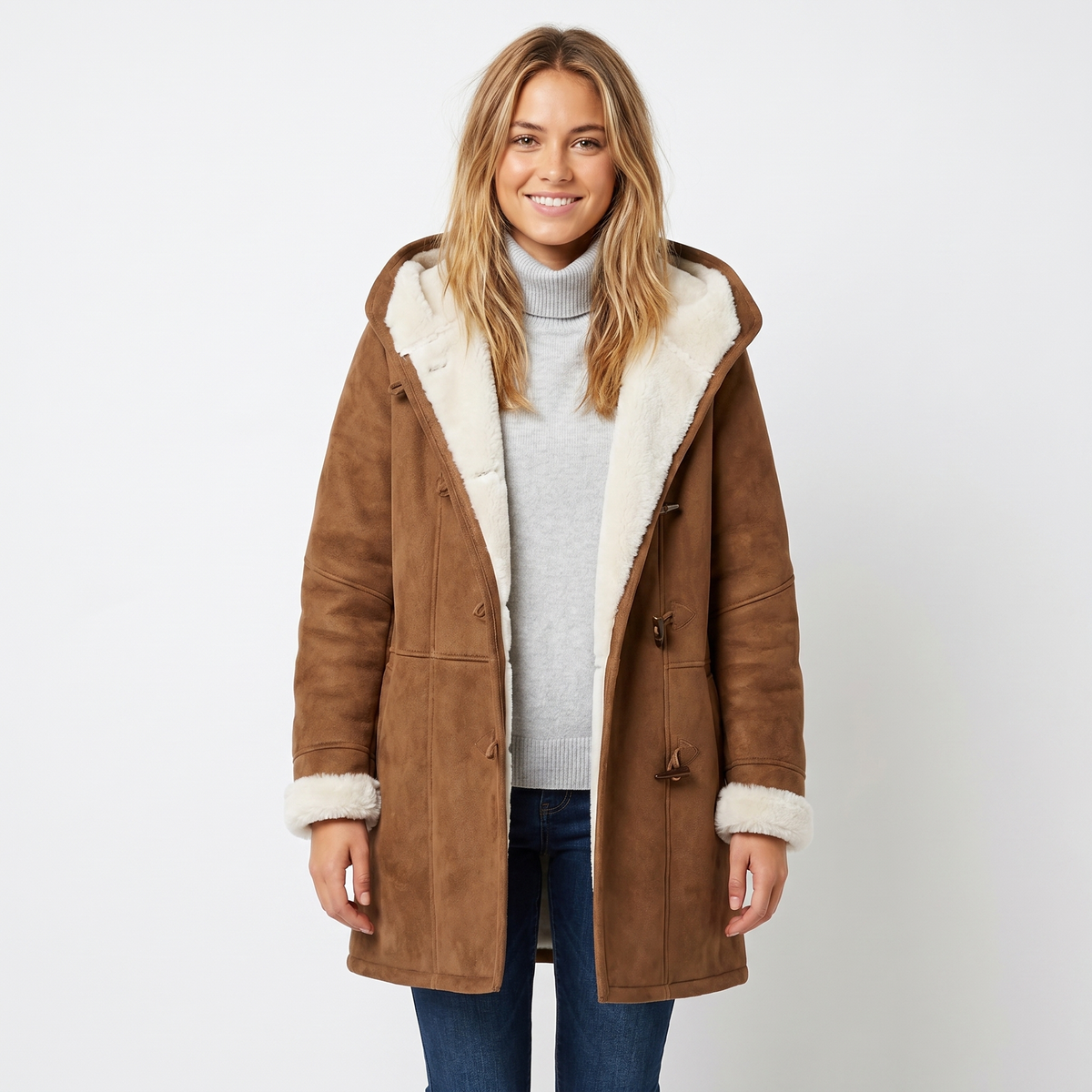 Women's Shearling Winter Coat Suede Hooded Toggle Front