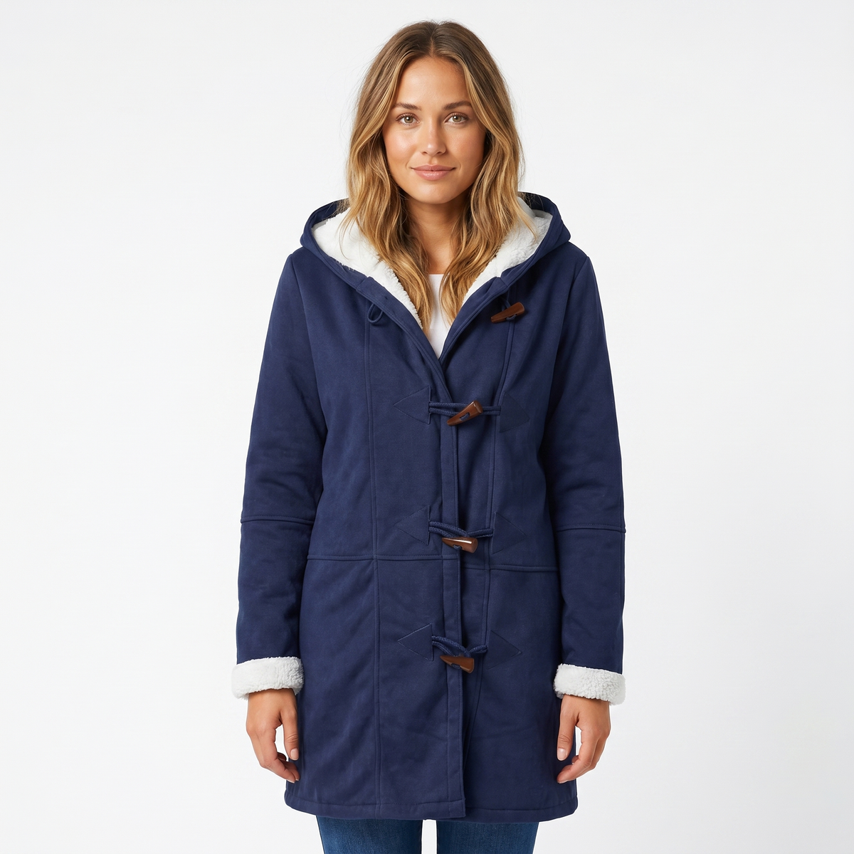 Women's Shearling Winter Coat Suede Hooded Toggle Front
