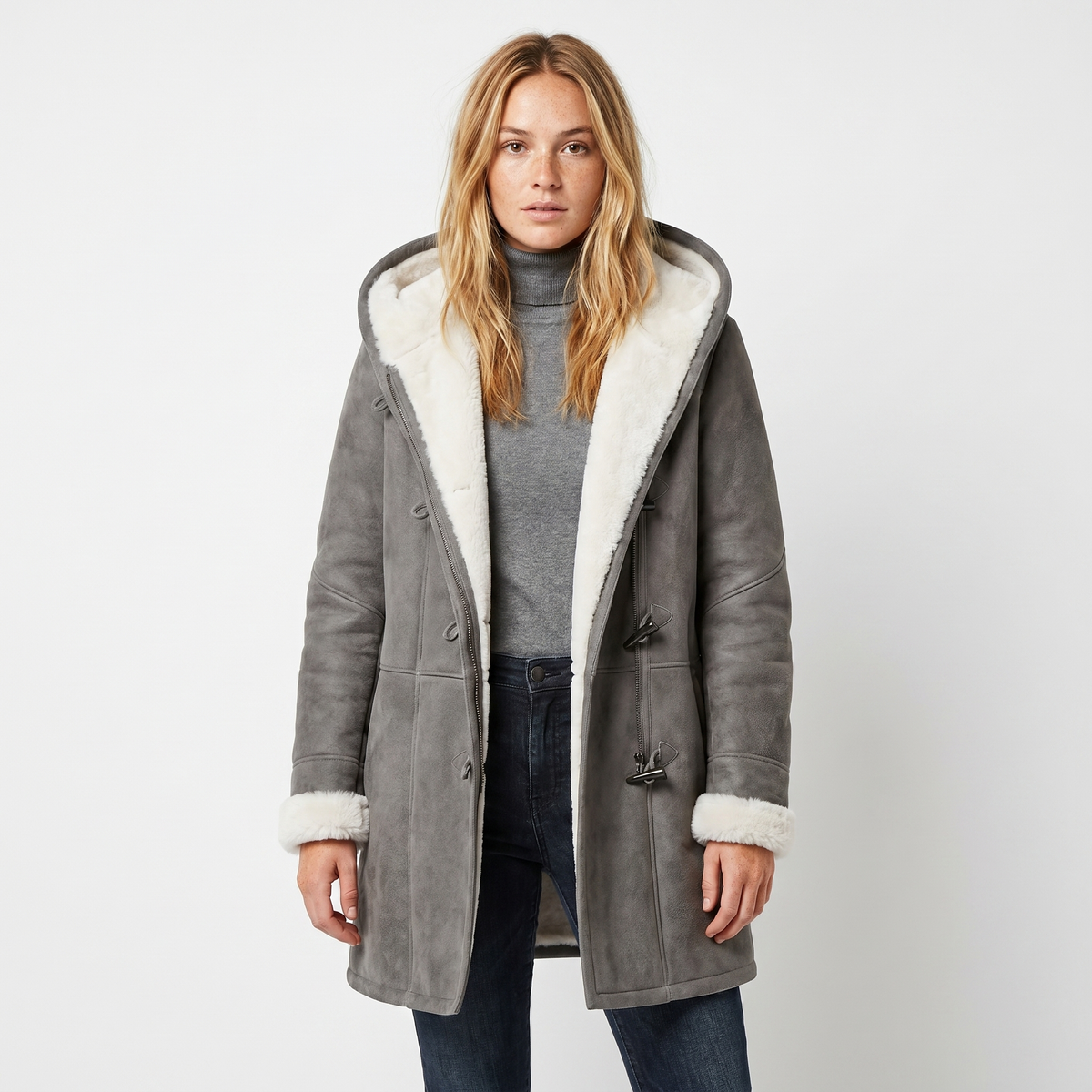 Women's Shearling Winter Coat Suede Hooded Toggle Front