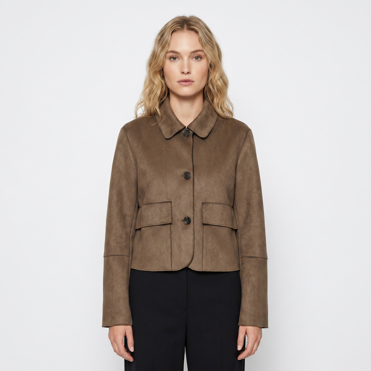 Women's Brown Suede Jacket Cropped Collared Button-Up