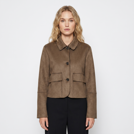 Women's Brown Suede Jacket Cropped Collared Button-Up