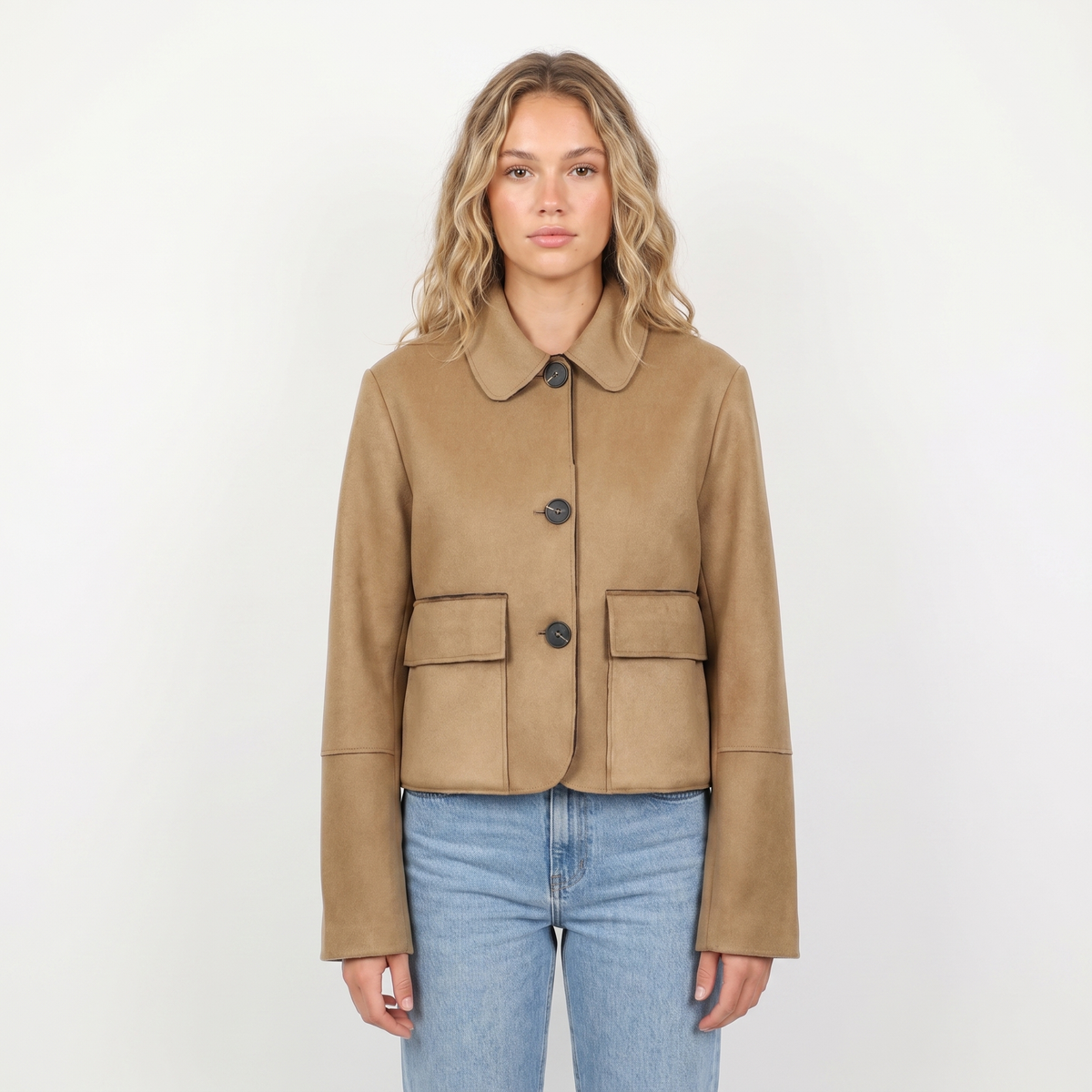 Women's Brown Suede Jacket Cropped Collared Button-Up