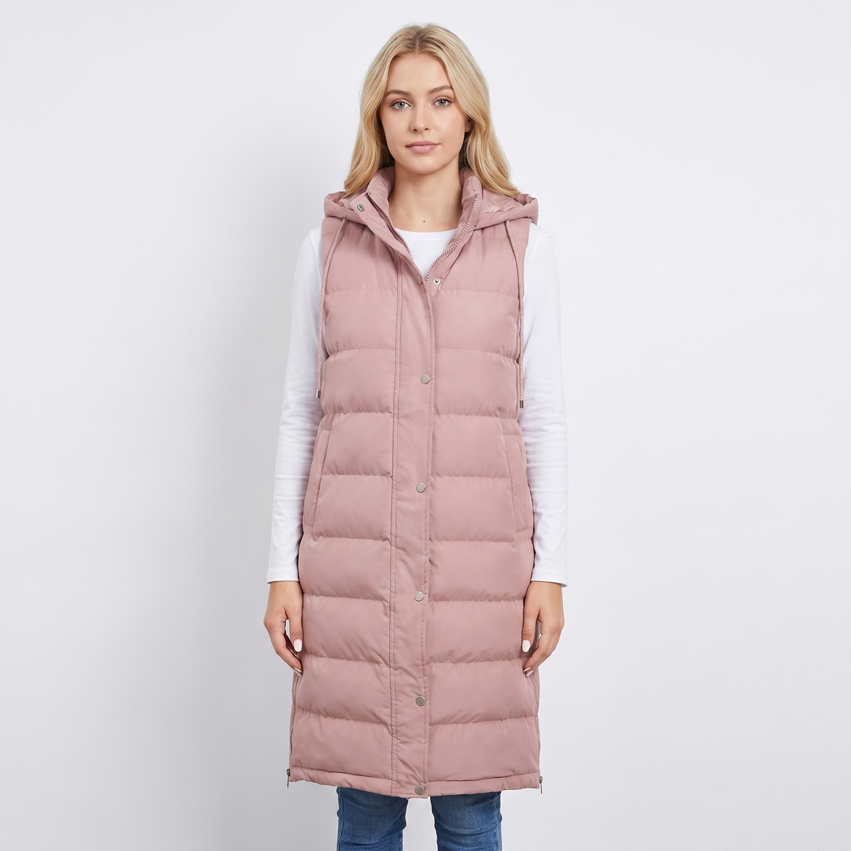 Women's Longline Puffer Winter Vest Hooded Quilted Snap Front