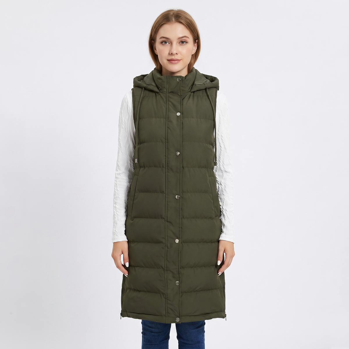 Women's Longline Puffer Winter Vest Hooded Quilted Snap Front