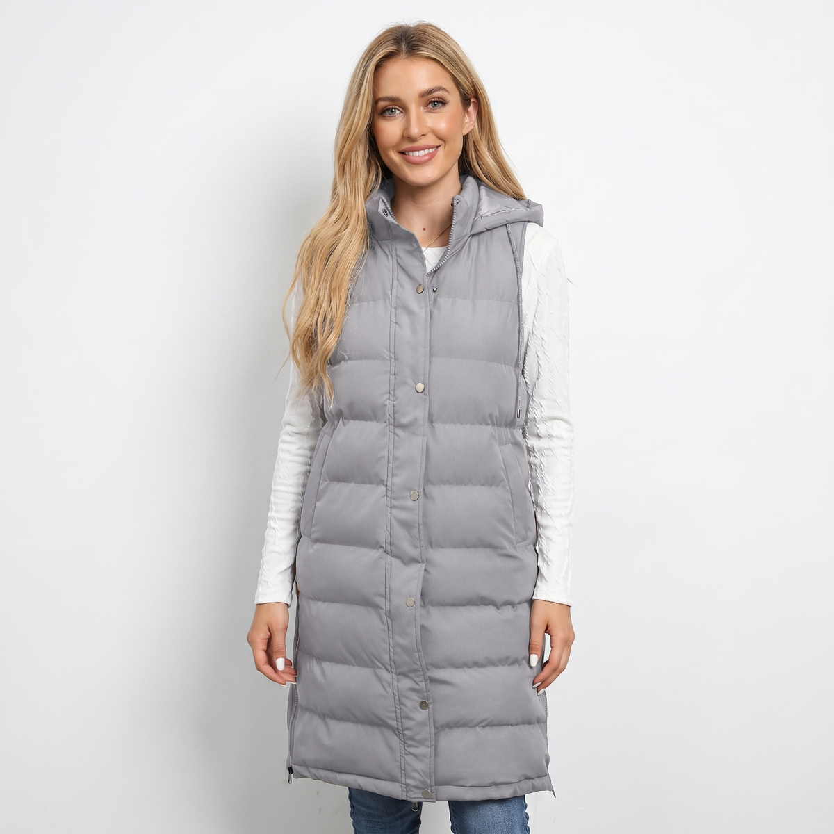 Women's Longline Puffer Winter Vest Hooded Quilted Snap Front