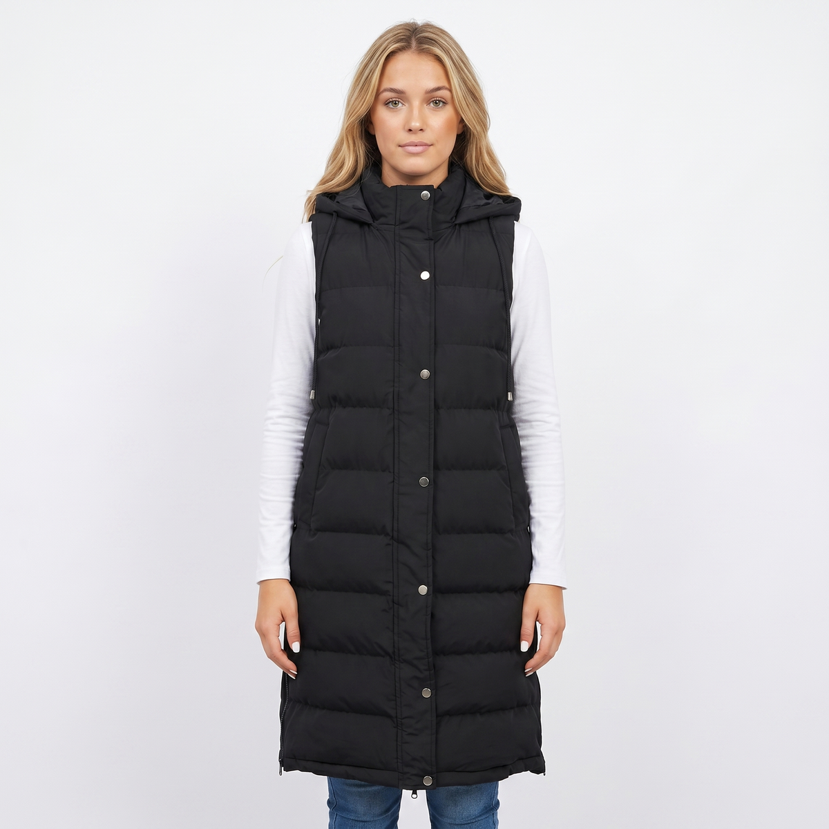 Women's Longline Puffer Winter Vest Hooded Quilted Snap Front
