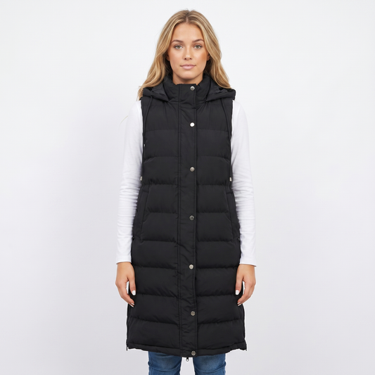 Women's Longline Puffer Winter Vest Hooded Quilted Snap Front